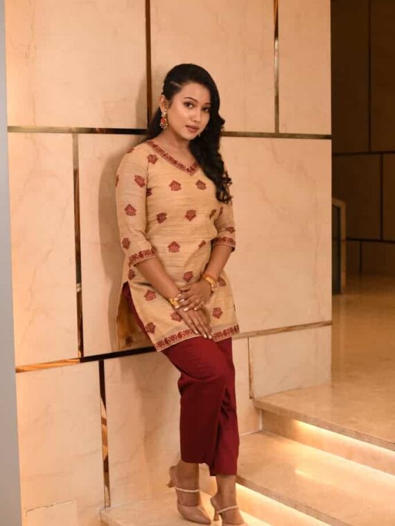 Bonphool Kurta Pant set - Muga and Maroon